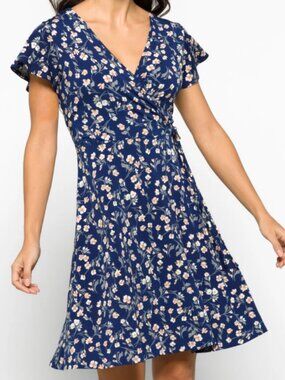 Kaileigh - L - Navy Blue Floral Wrap Dress